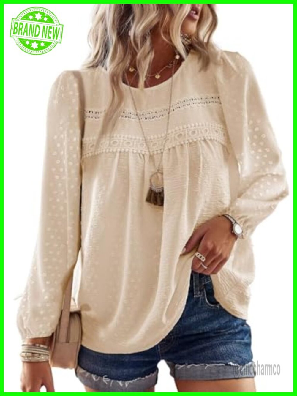 Womens Boho Lace Crochet Long Sleeve Blouse - Casual Flowy Peasant Top